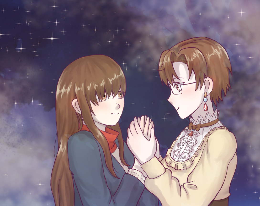 Jaehee putting her hands around MC's hands, the two of them smiling at each other and blushing against a wintery night sky. 
